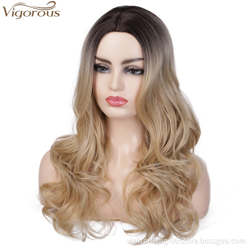 Vigorous Cheap Long Ombre Blonde Wavy Middle Part Wig For Black Women Heat Resistant Synthetic Hair Wigs